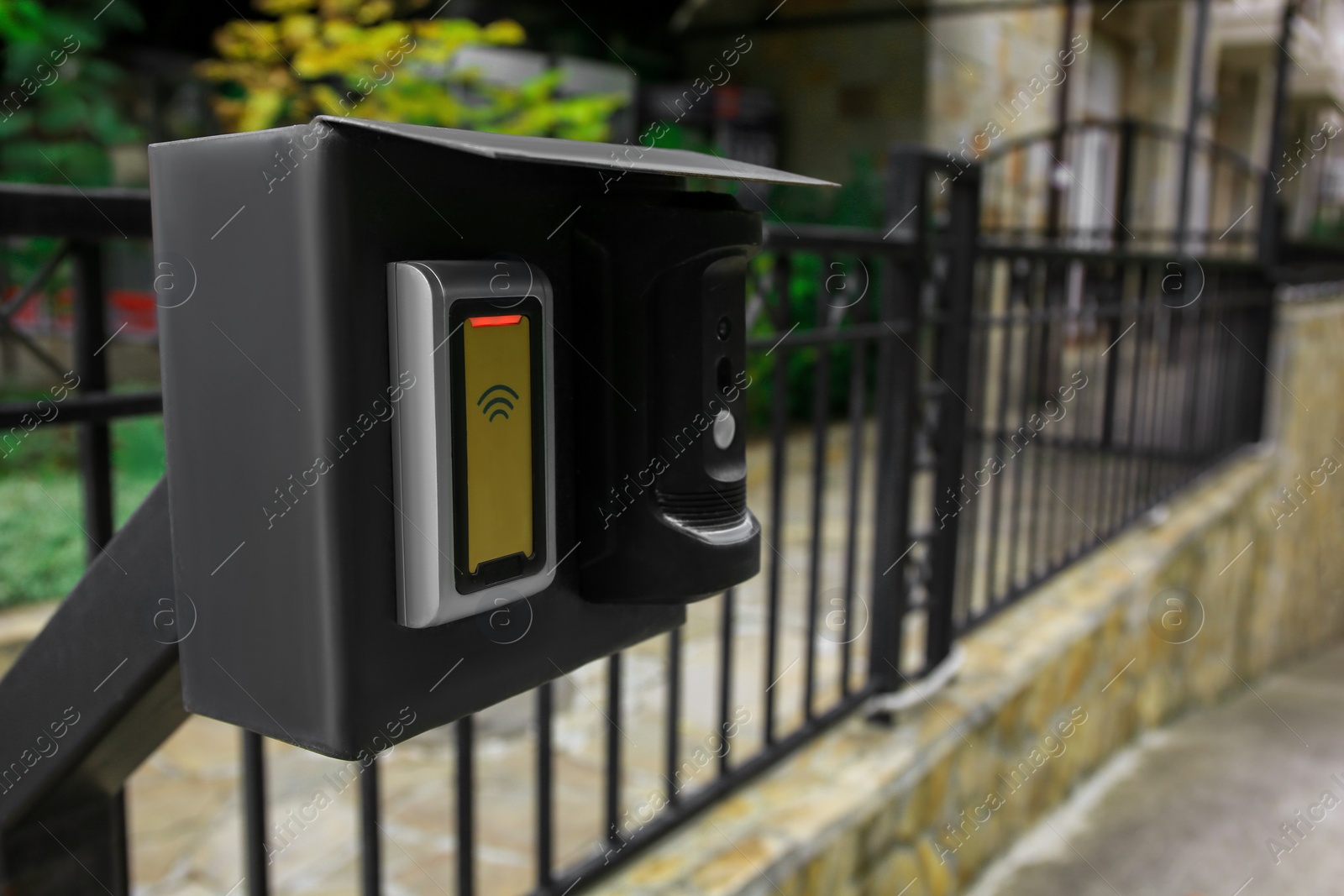 Photo of Parking intercom system outdoors, closeup. Space for text