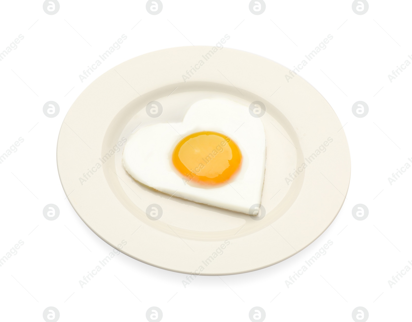 Photo of Plate with tasty fried egg in shape of heart and toast isolated on white