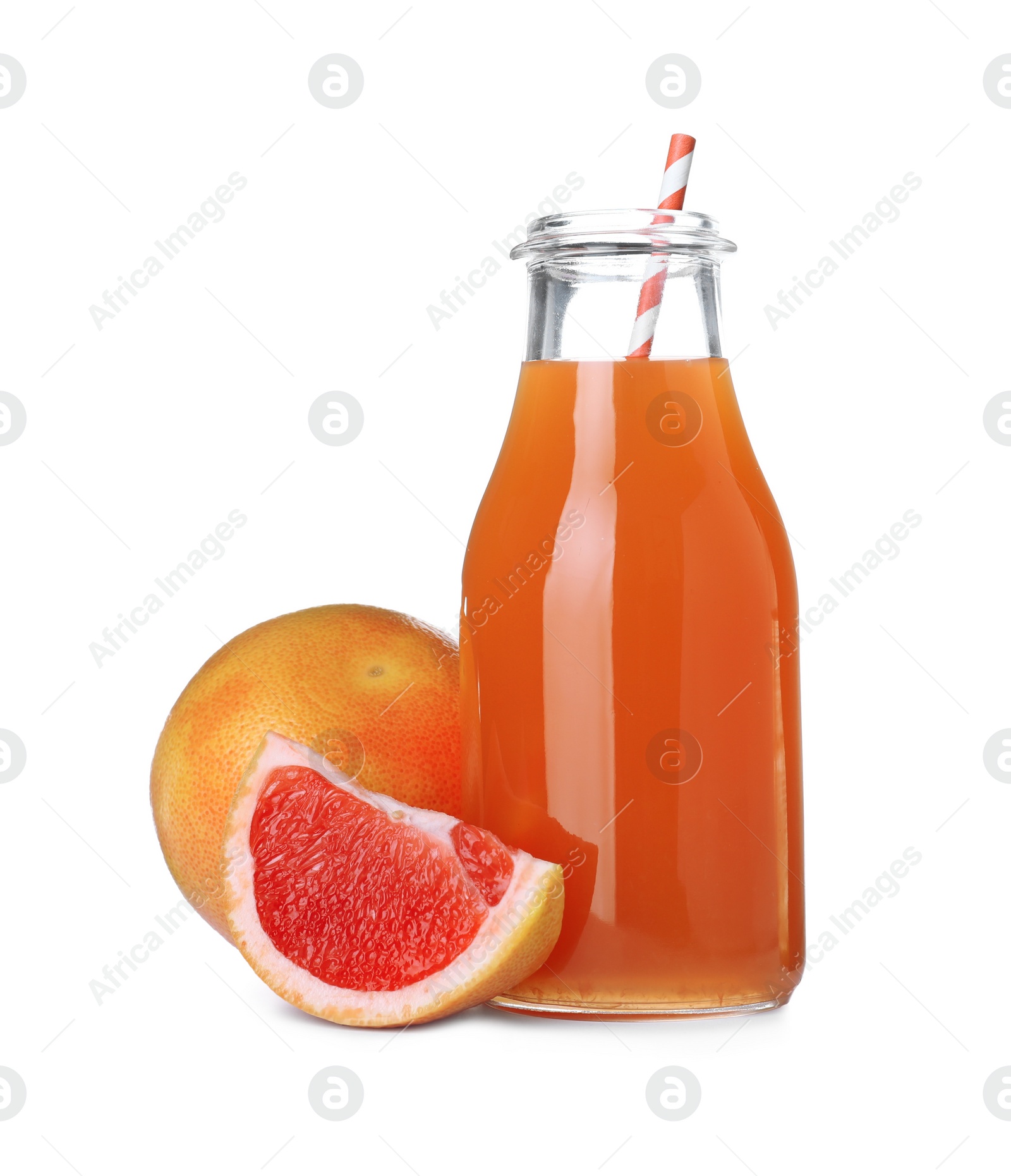 Photo of Tasty freshly made grapefruit juice and fruits on white background