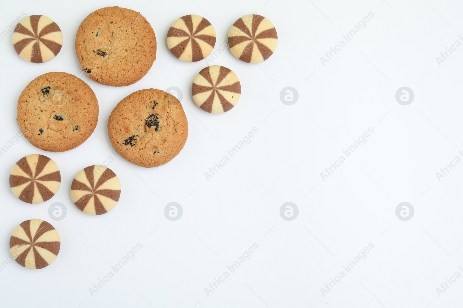 Photo of Sweet delicious homemade cookies on white background, top view