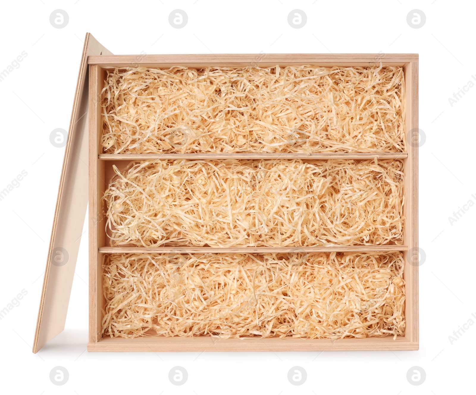 Photo of Open wooden wine box with straw isolated on white