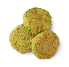 Photo of Green tasty vegan cutlets isolated on white, top view