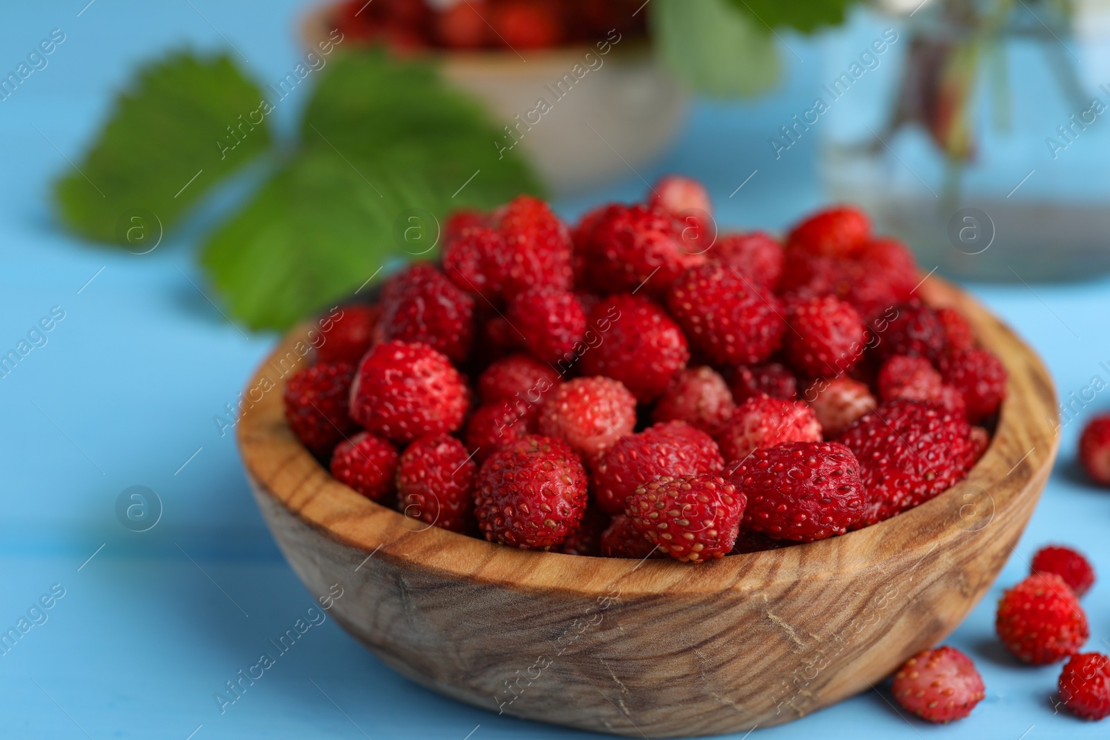 Photo of Fresh wild strawberries in bowl on light blue table, closeup