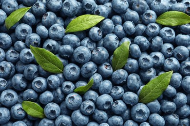 Photo of Tasty fresh blueberries with green leaves as background, top view