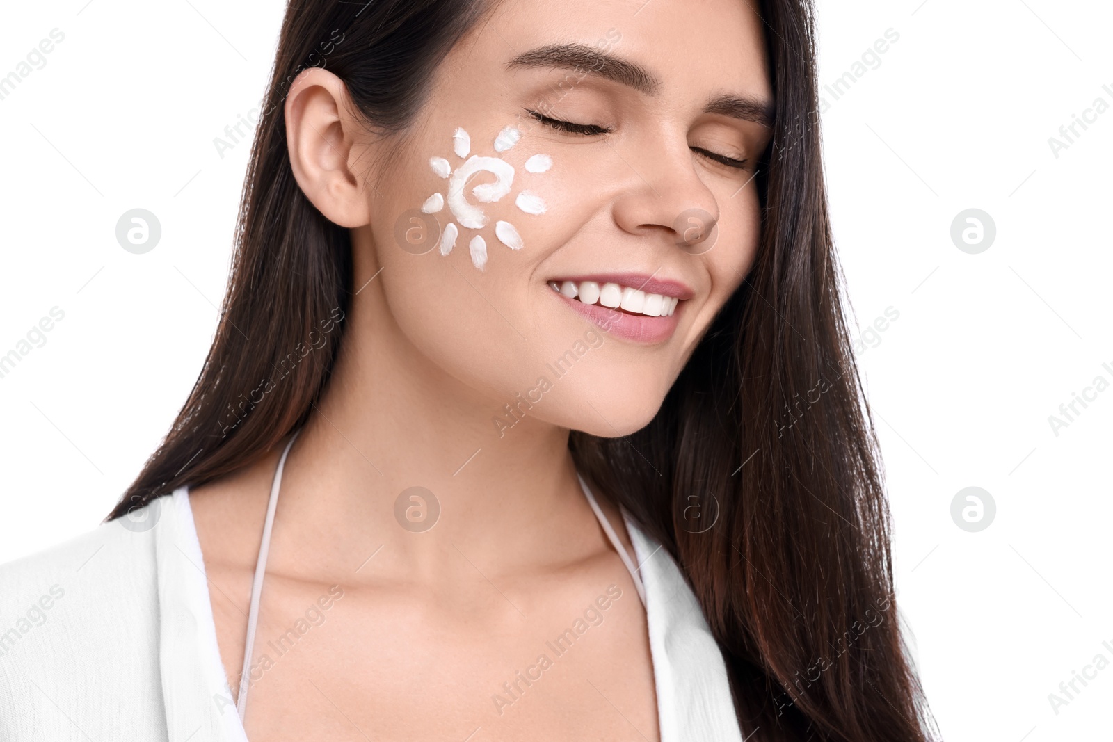 Photo of Beautiful young woman with sun protection cream on her face against white background