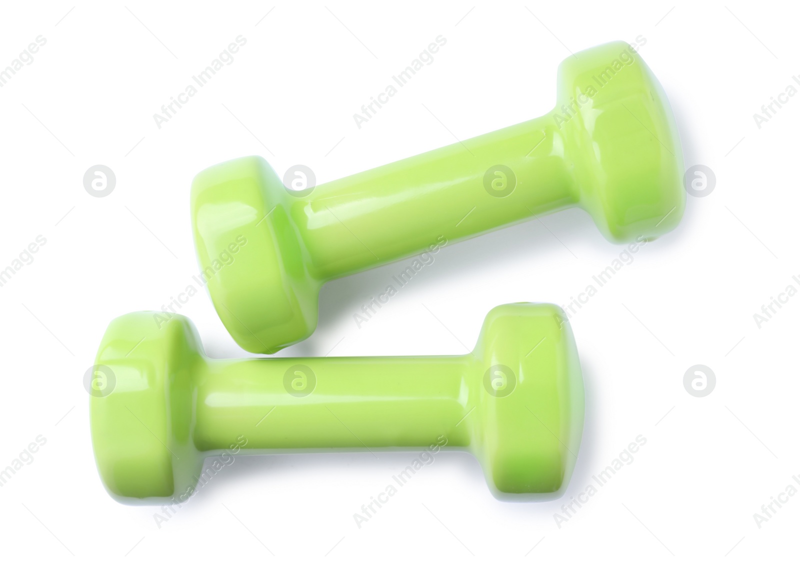 Photo of Color dumbbells on white background. Home fitness