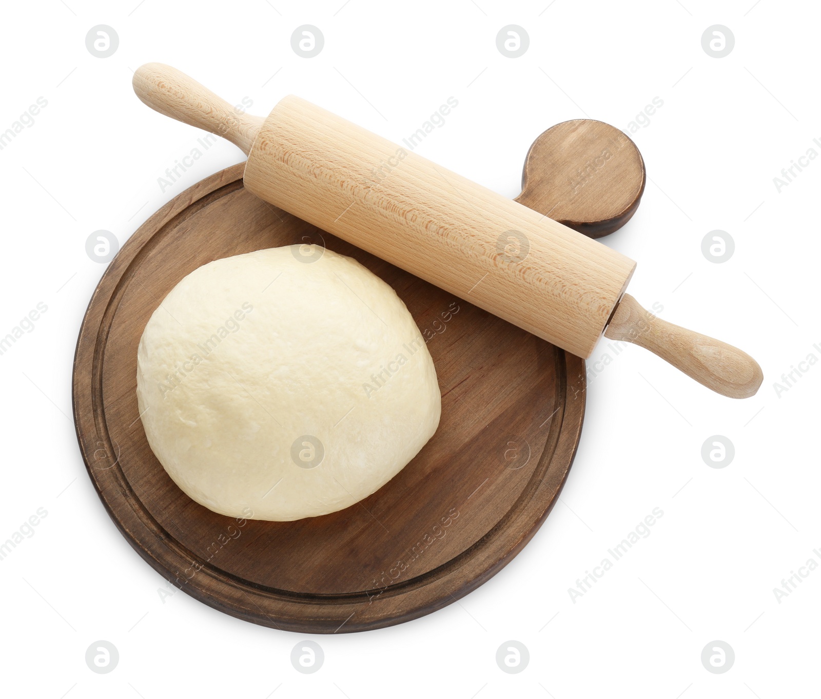 Photo of Fresh yeast dough and wooden rolling pin isolated on white, top view