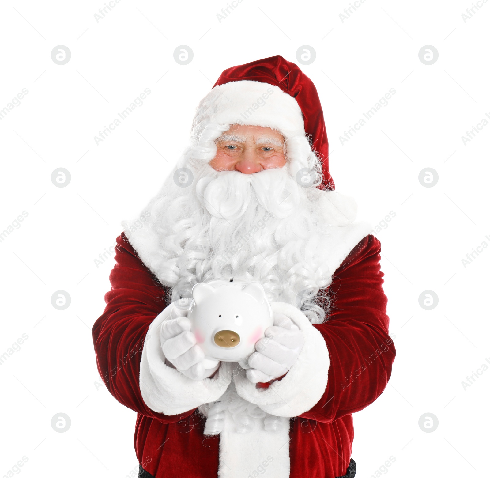 Photo of Santa Claus holding piggy bank on white background