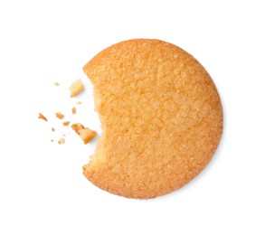 Photo of Bitten tasty Danish butter cookie isolated on white, top view