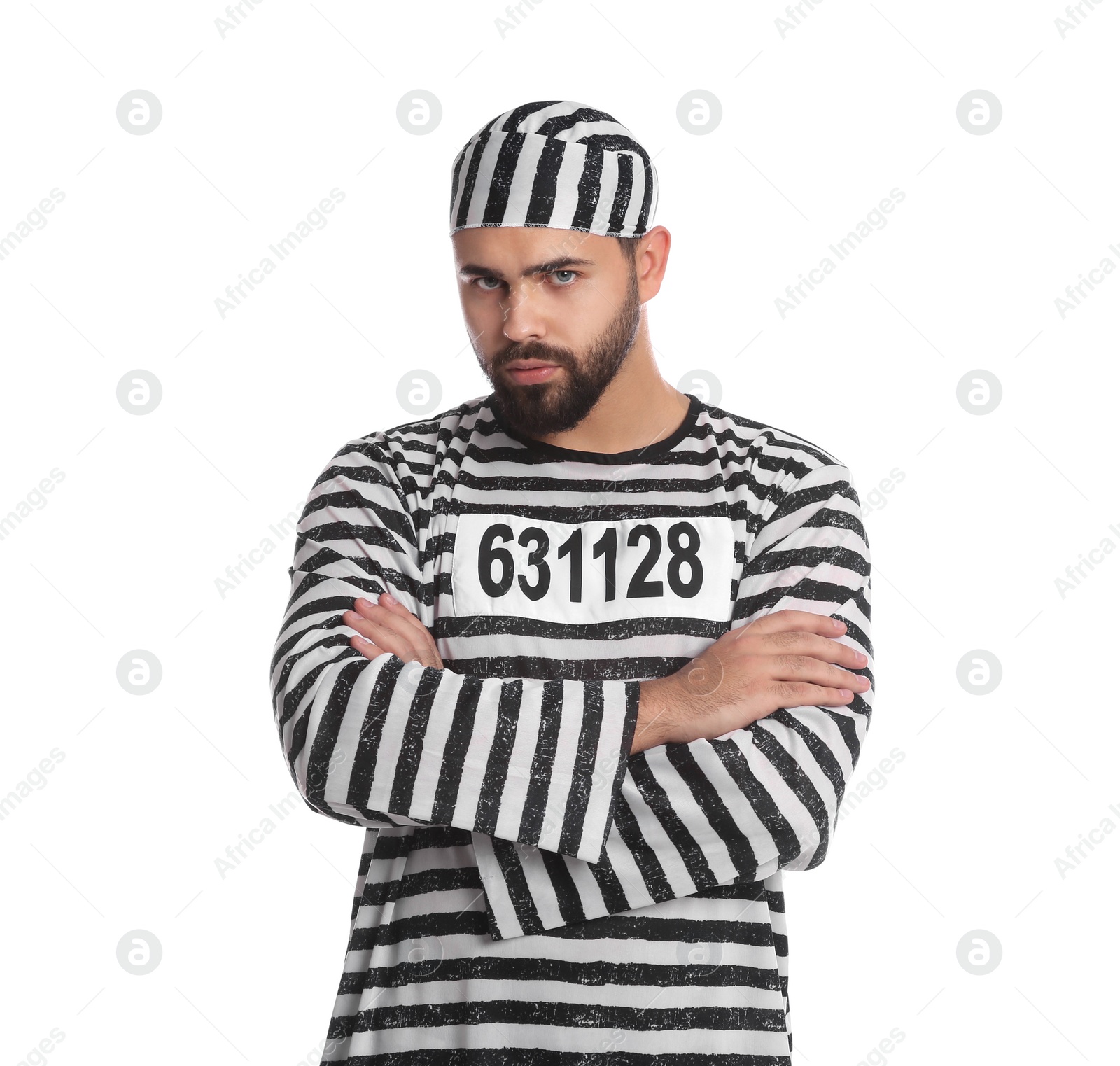 Photo of Prisoner in special uniform on white background