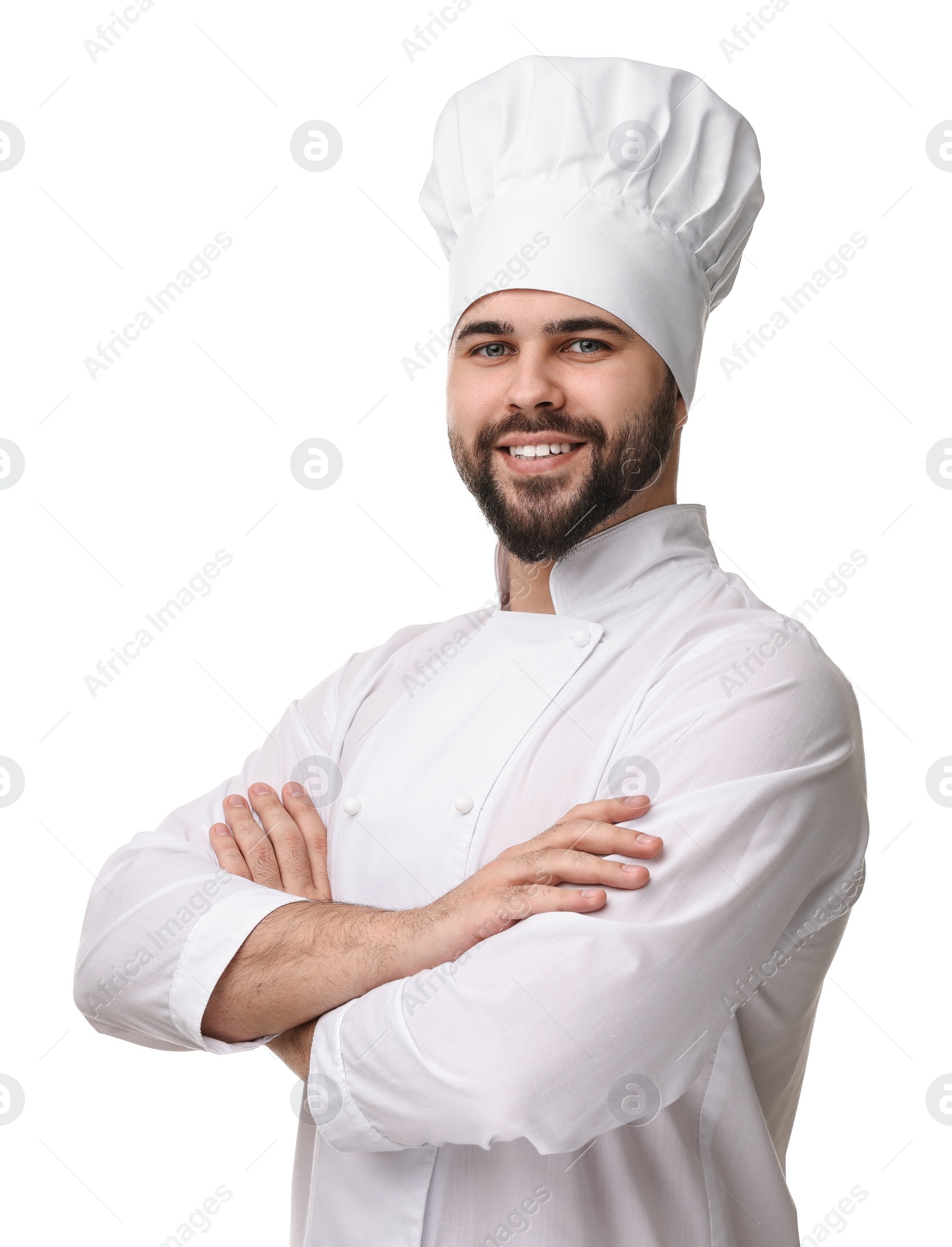 Photo of Happy young chef in uniform on white background