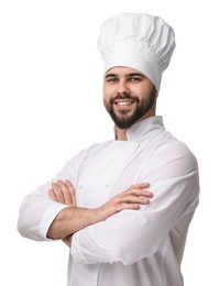 Happy young chef in uniform on white background