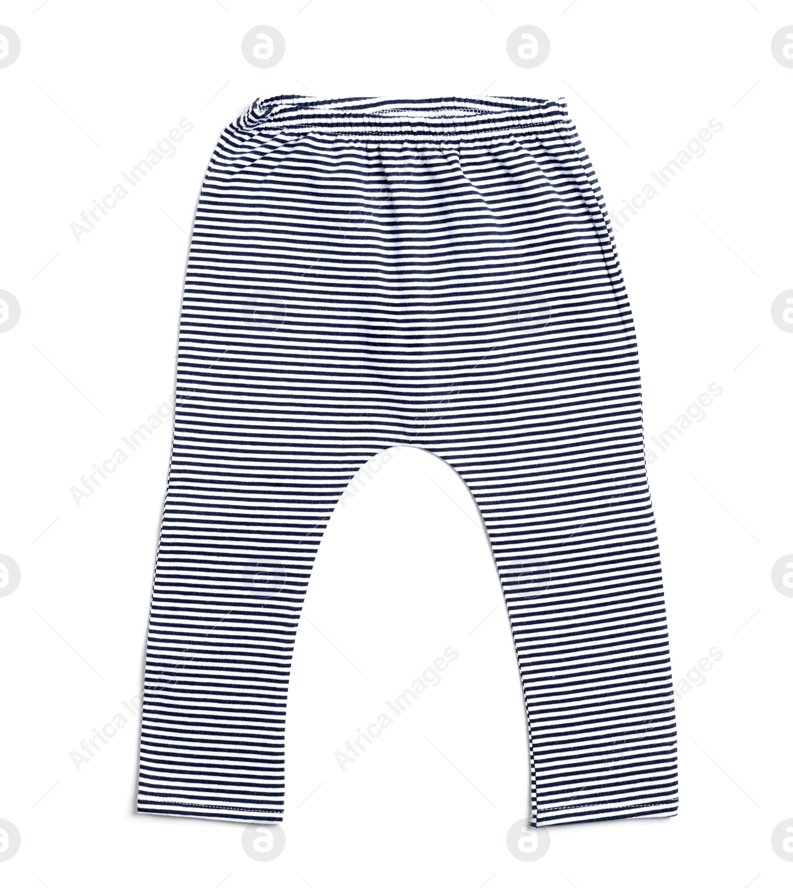 Photo of Cute striped child pants isolated on white, top view