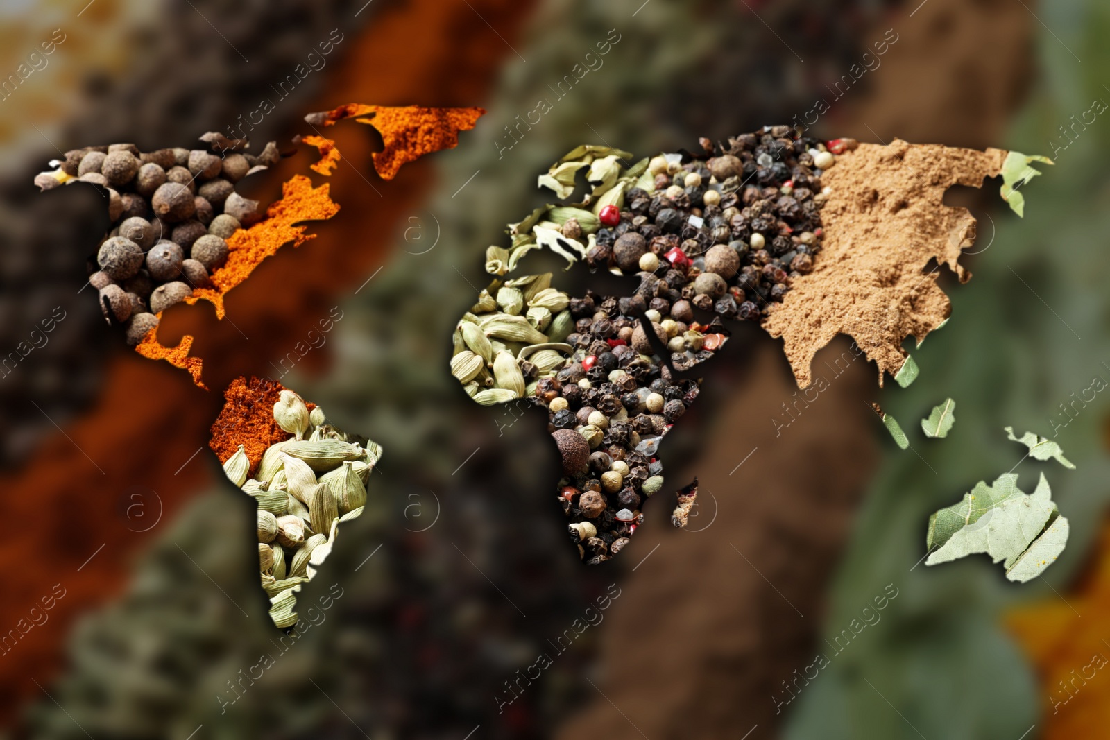 Image of Double exposure of world map and different spices on blurred background. Logistic and wholesale concept