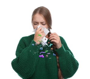 Image of Young woman suffering from cold on white background. Microbes spreading