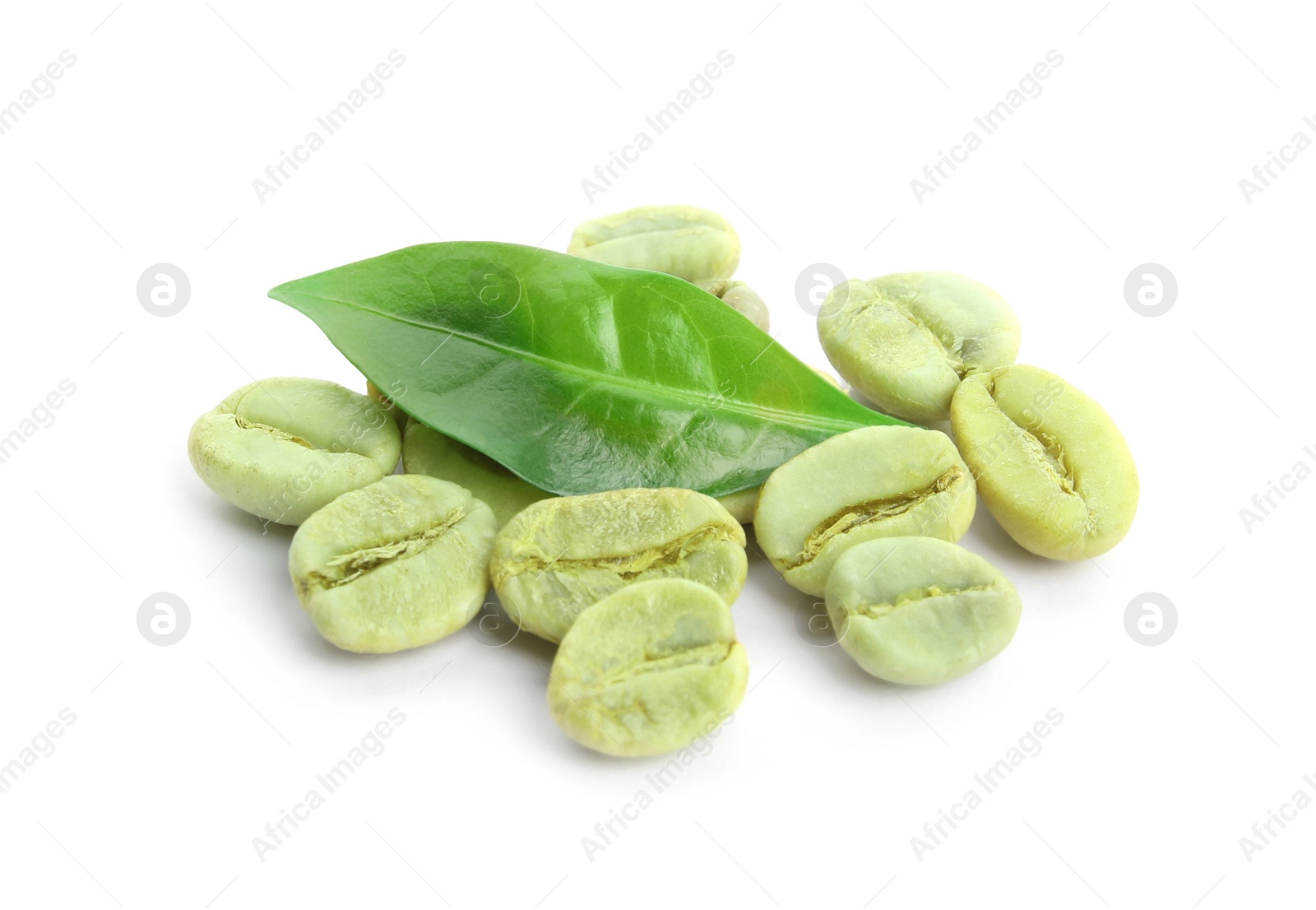 Photo of Green coffee beans and fresh leaf on white background