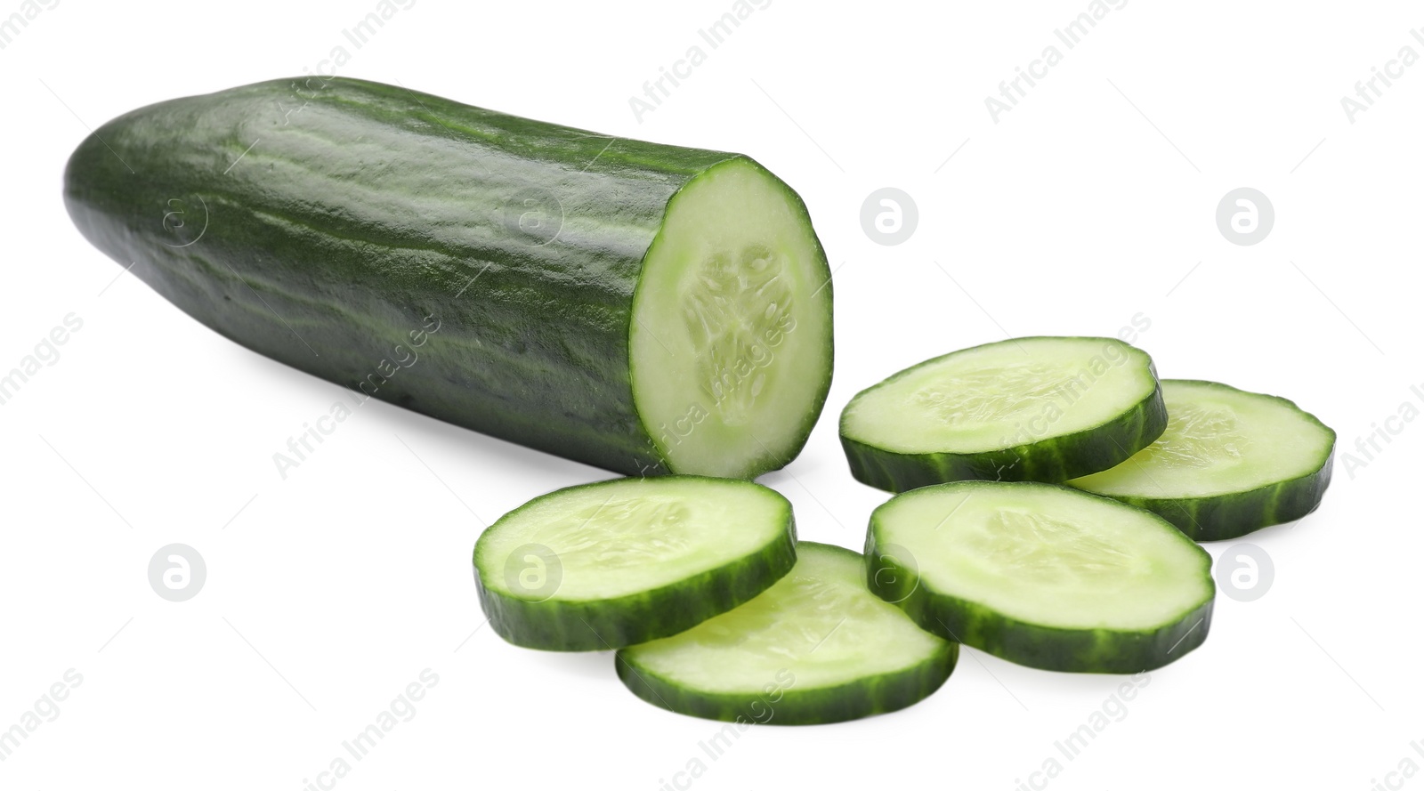 Photo of Cut ripe long cucumber isolated on white