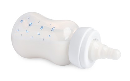 Feeding bottle with dairy free infant formula on white background, closeup