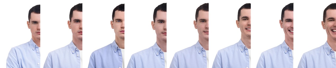 Image of Man showing different emotions on white background, collage of photos