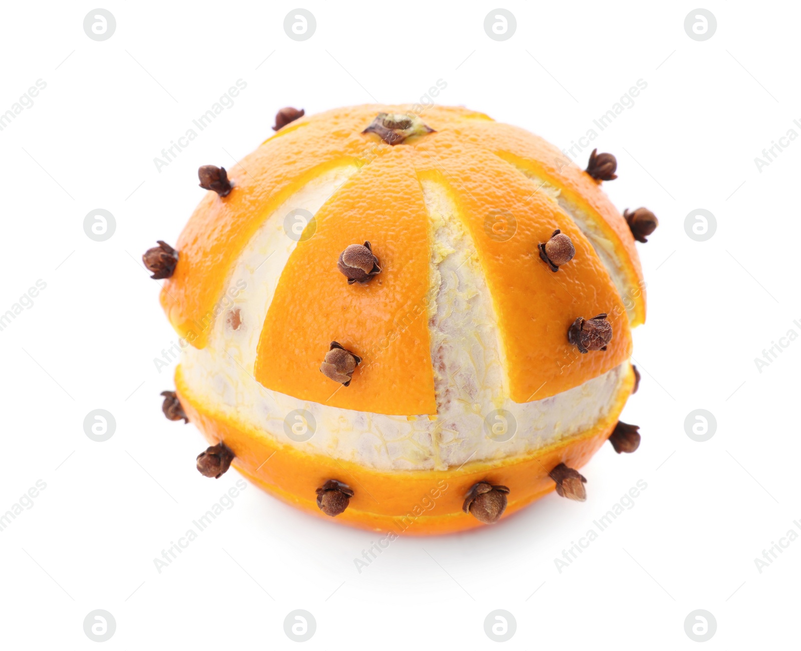 Photo of Pomander ball made of tangerine with cloves isolated on white