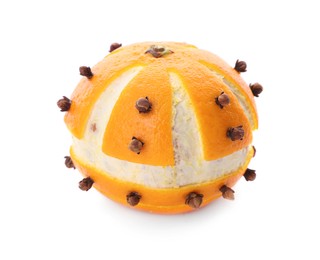 Pomander ball made of tangerine with cloves isolated on white
