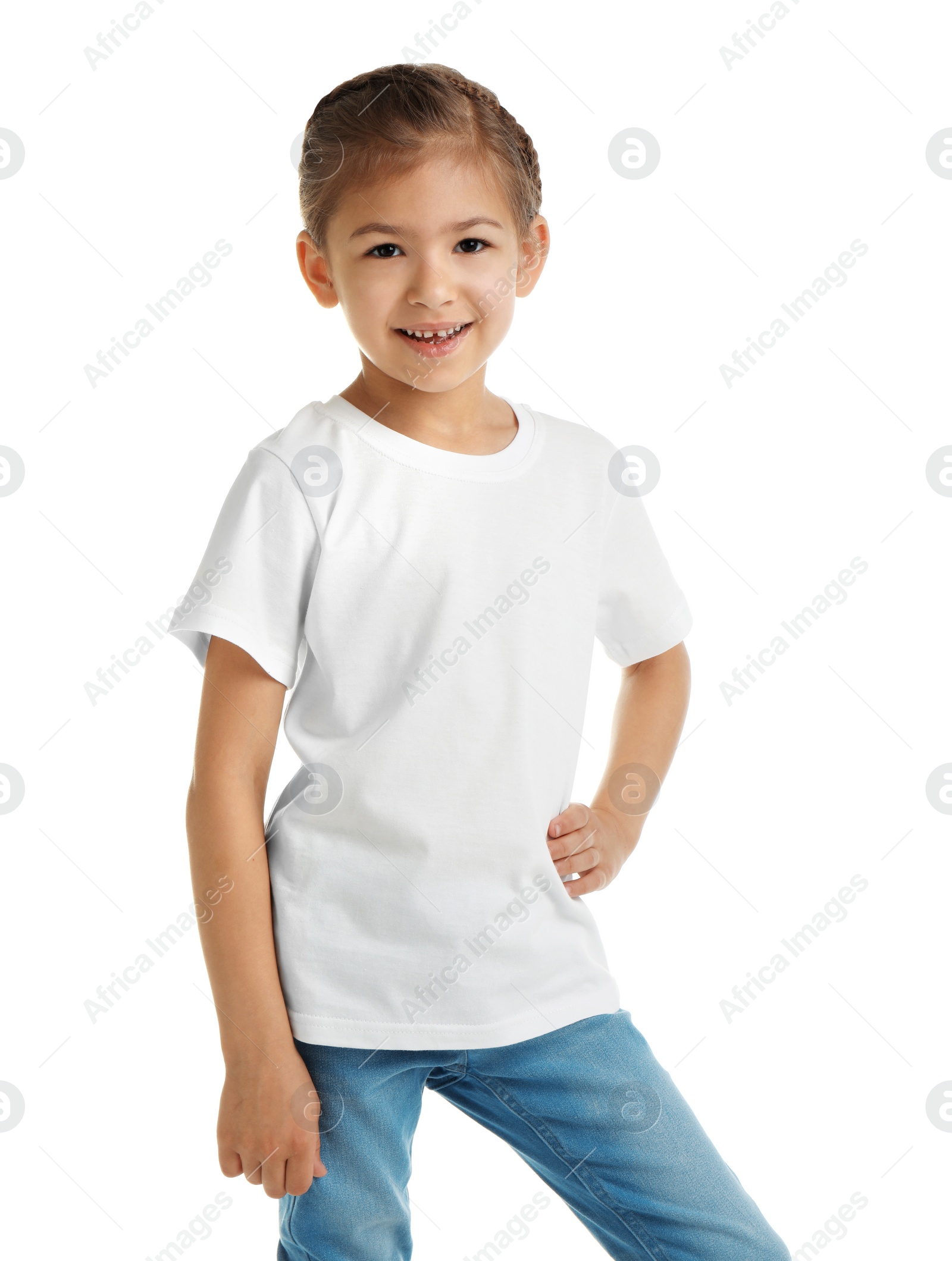 Photo of Little girl in t-shirt on white background. Mockup for design