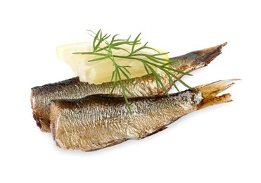 Tasty canned sprats, lemon and dill isolated on white