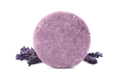 Photo of Solid shampoo bar and lavender flowers on white background. Hair care