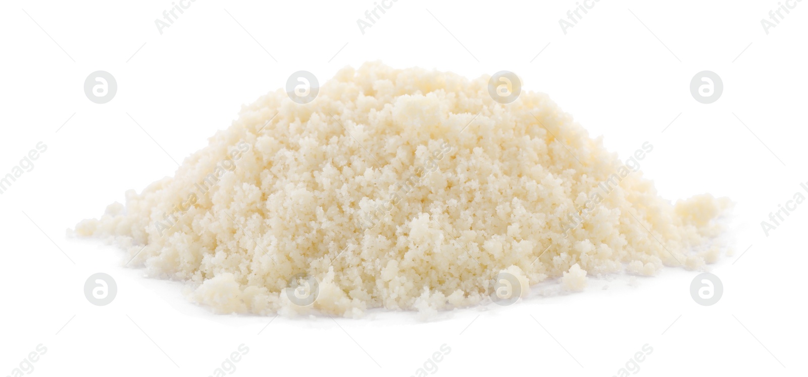 Photo of Pile of grated parmesan cheese isolated on white