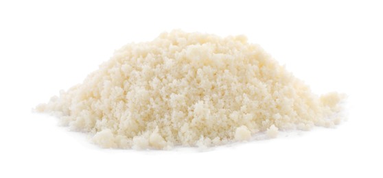 Photo of Pile of grated parmesan cheese isolated on white