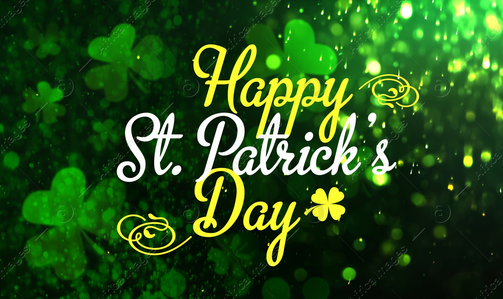 Image of Happy St. Patrick's day card. Text and clover leaf illustrations on black background with bokeh effect. Banner design