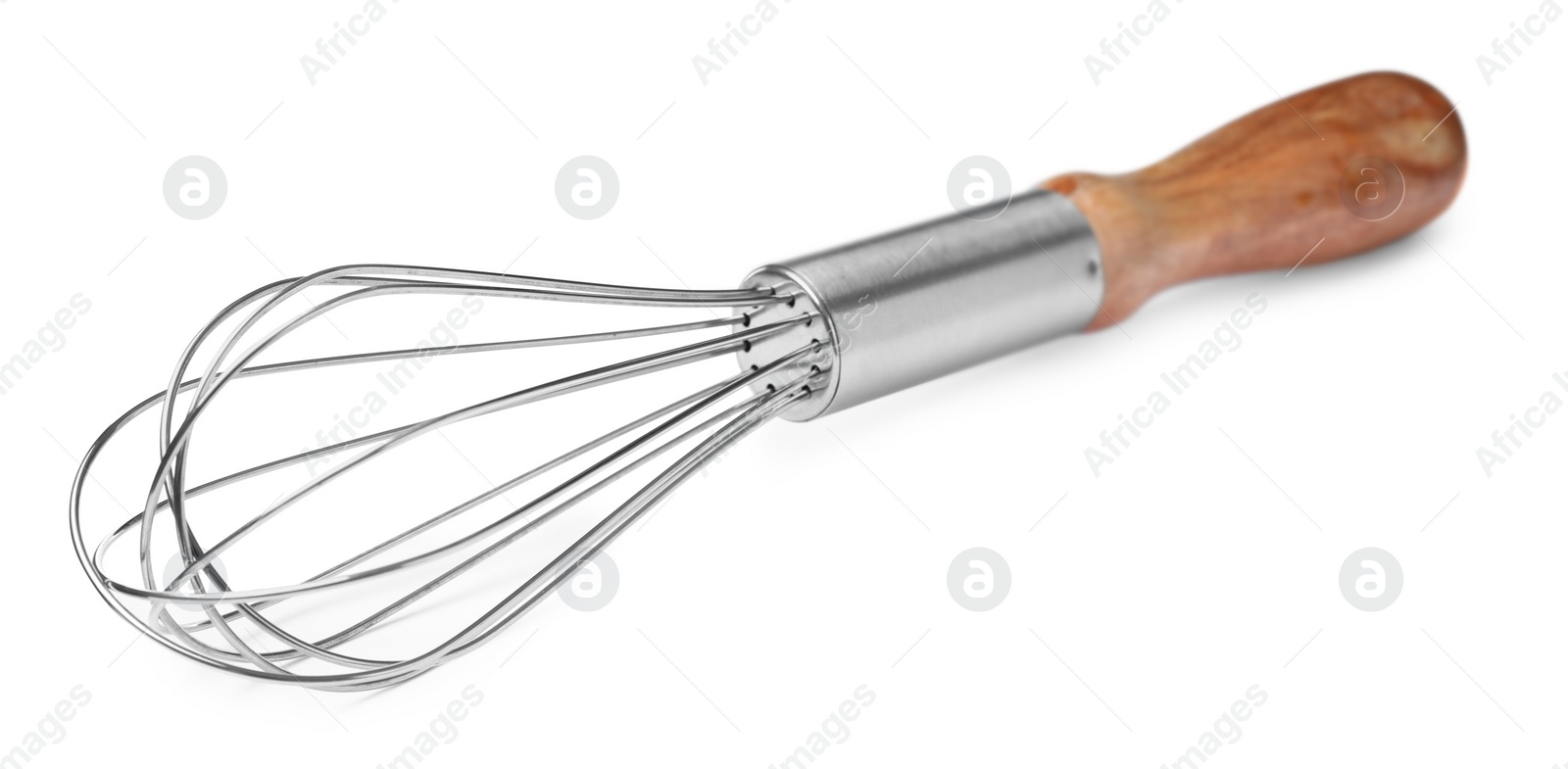 Photo of New balloon whisk with wooden handle isolated on white