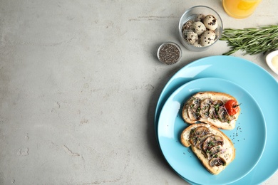 Tasty toasts with mushrooms, sprouts and chia seeds served on table, top view. Space for text