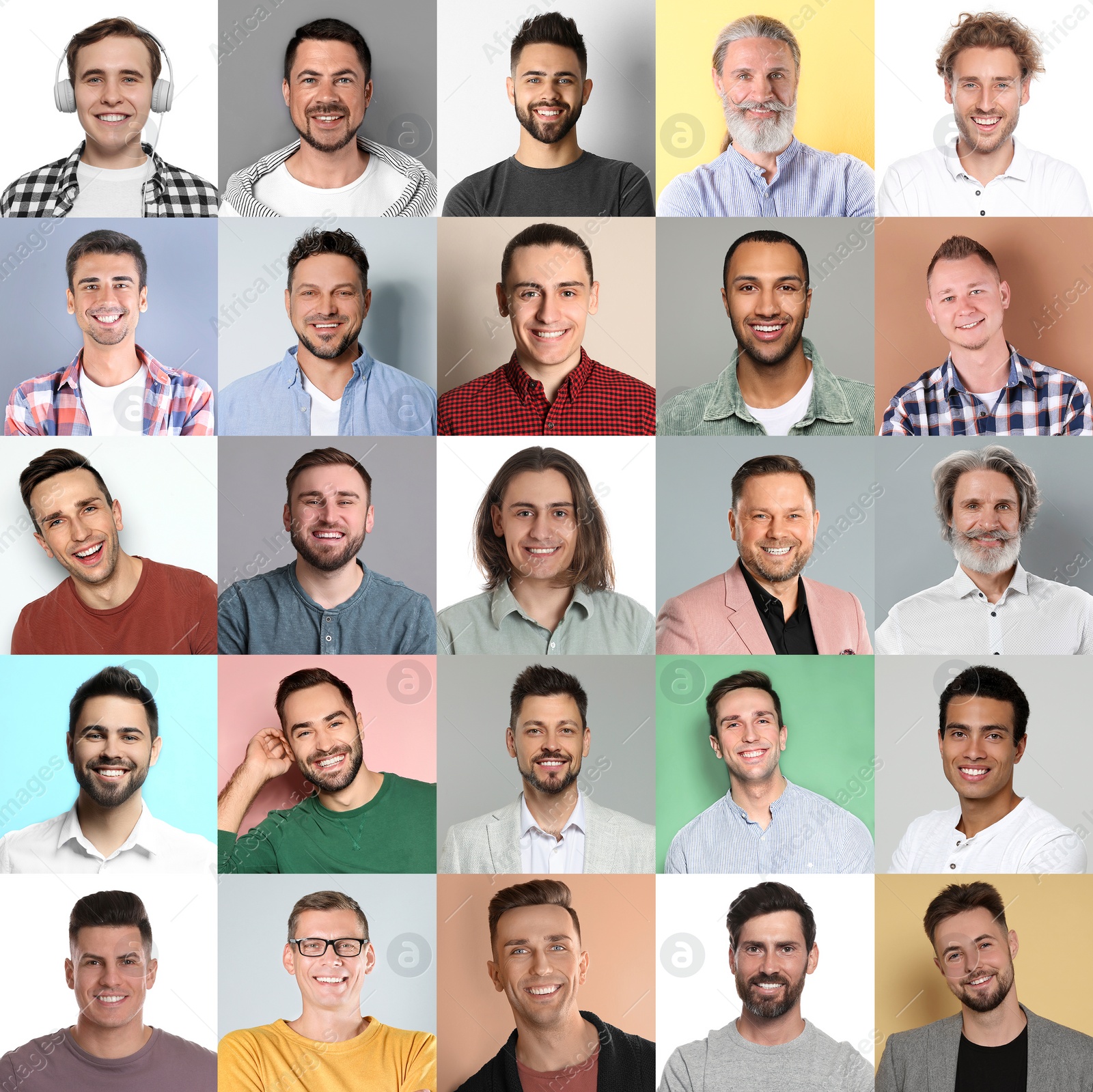 Image of Collage with portraits of happy men on different color backgrounds