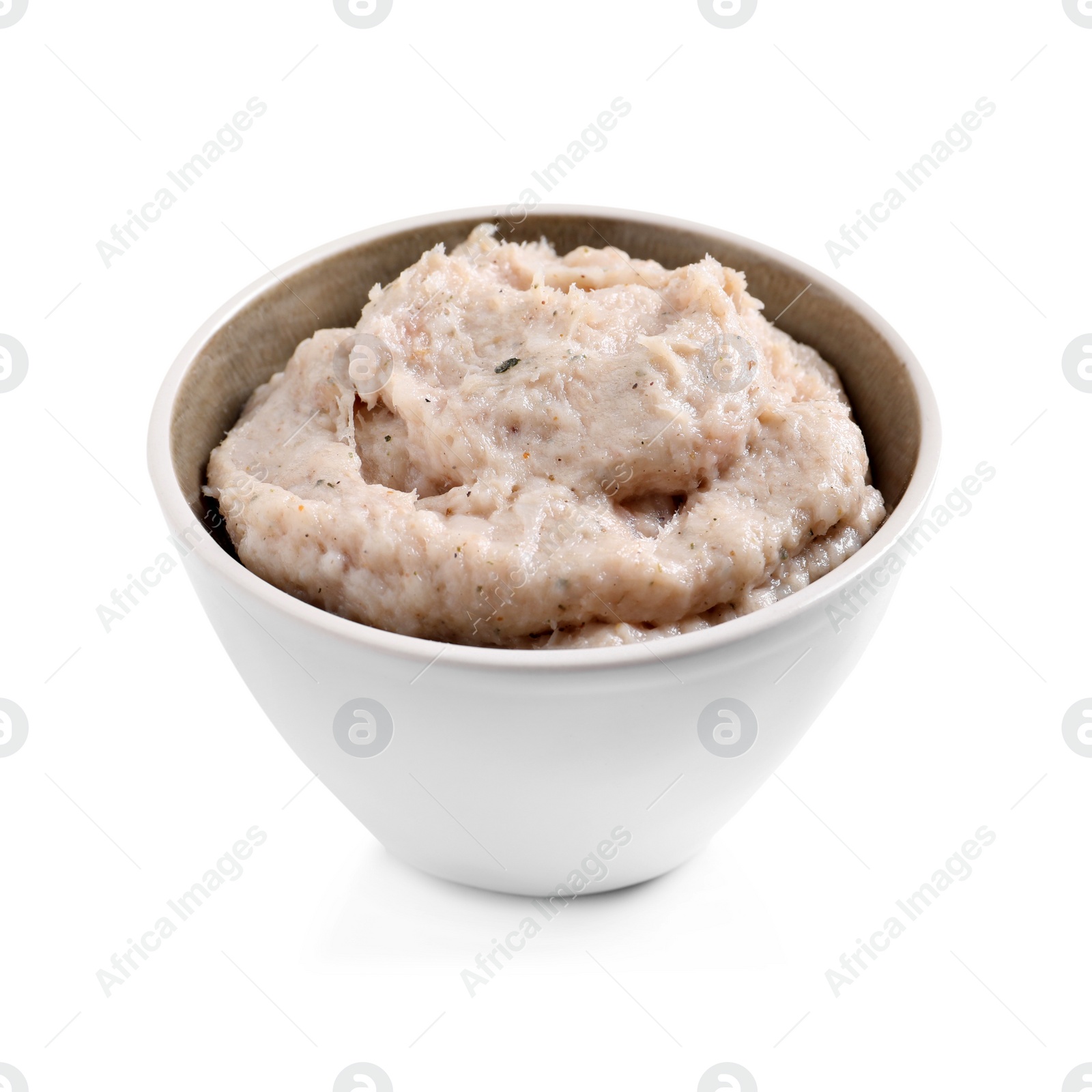 Photo of Delicious lard spread in bowl isolated on white