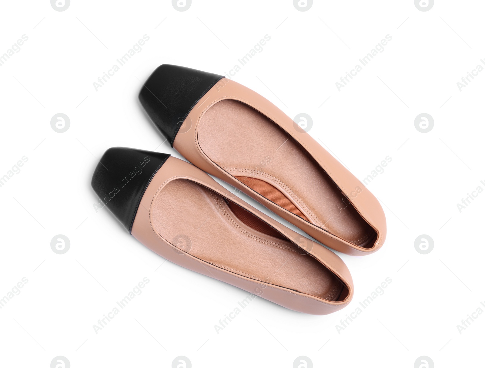 Photo of Pair of new stylish square toe ballet flats on white background, top view