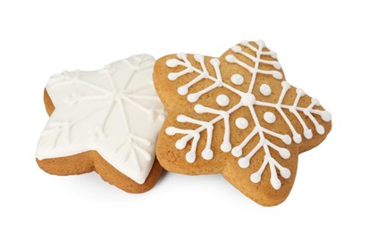 Tasty star shaped Christmas cookies with icing isolated on white