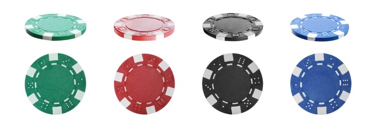 Image of Set with different casino chips on white background. Banner design