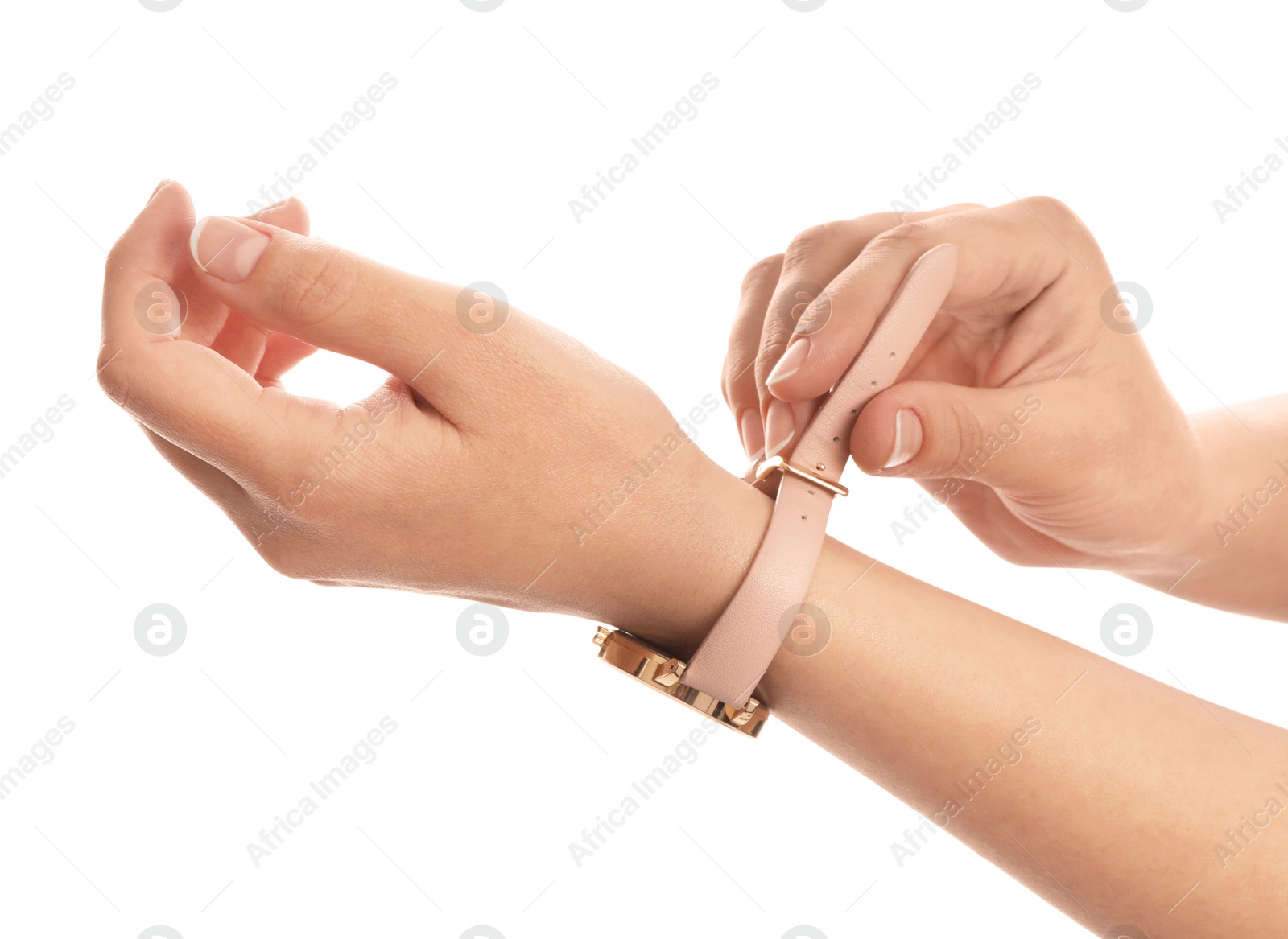 Photo of Young woman with wristwatch isolated on white, closeup