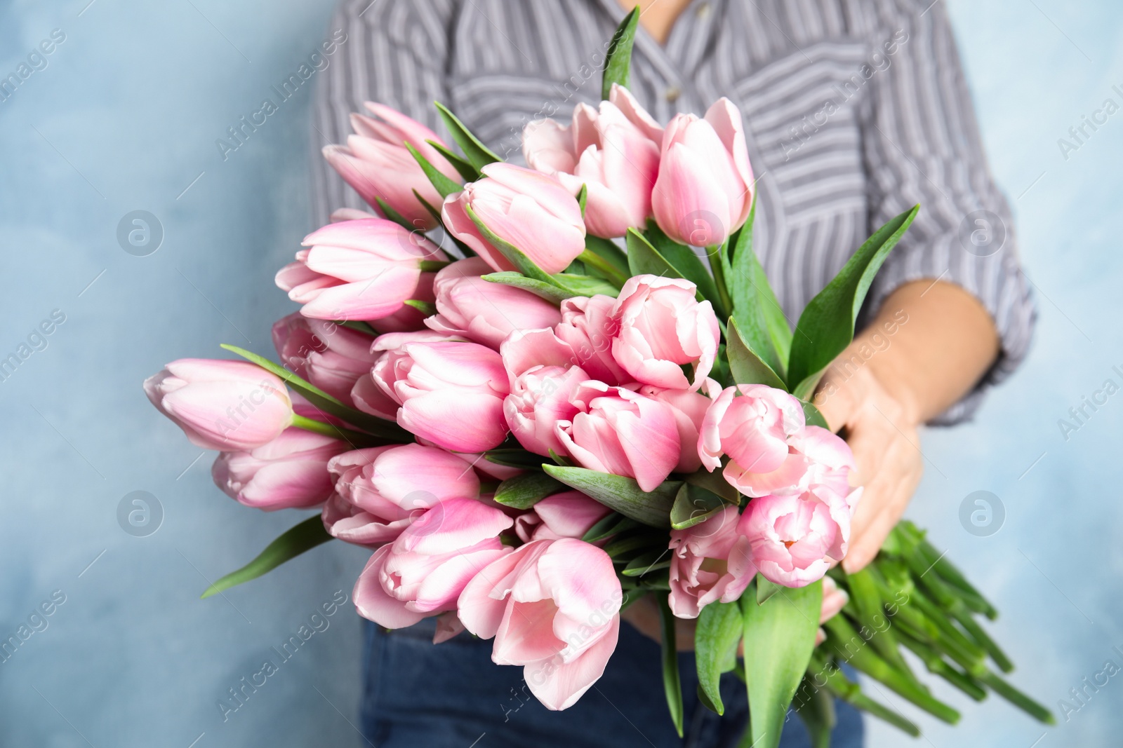 Photo of Woman with beautiful pink spring tulips on light blue background, closeup