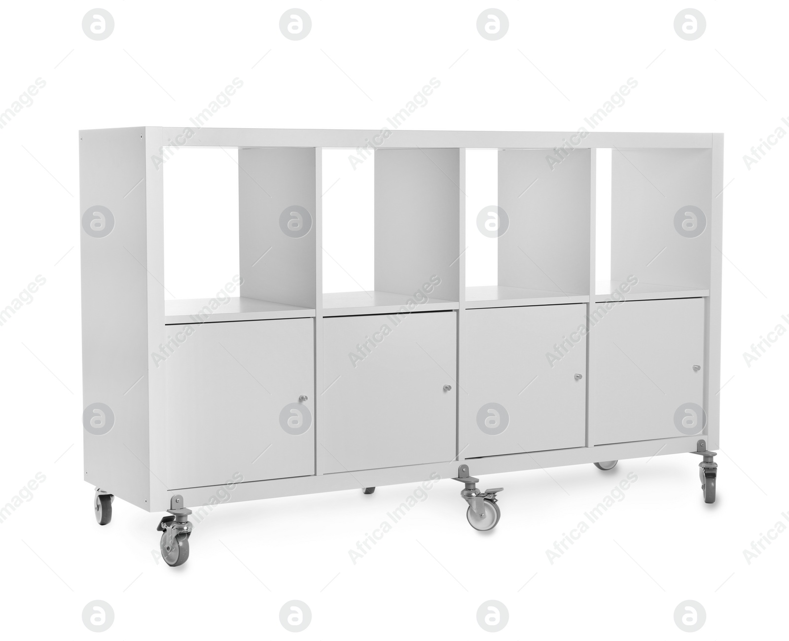 Photo of Stylish shelving unit with empty compartments on white background. Furniture for wardrobe room