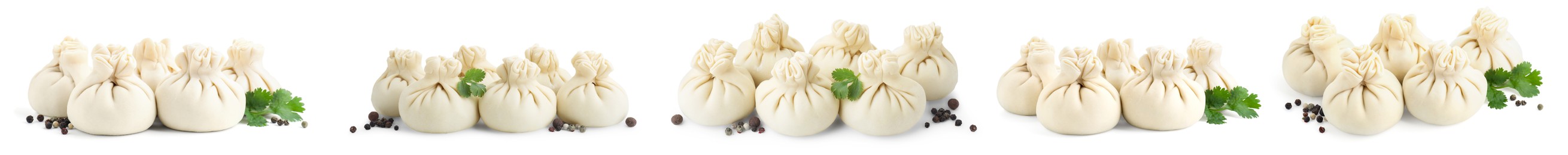 Image of Uncooked khinkalis (dumplings) with peppercorns and parsley isolated on white, set