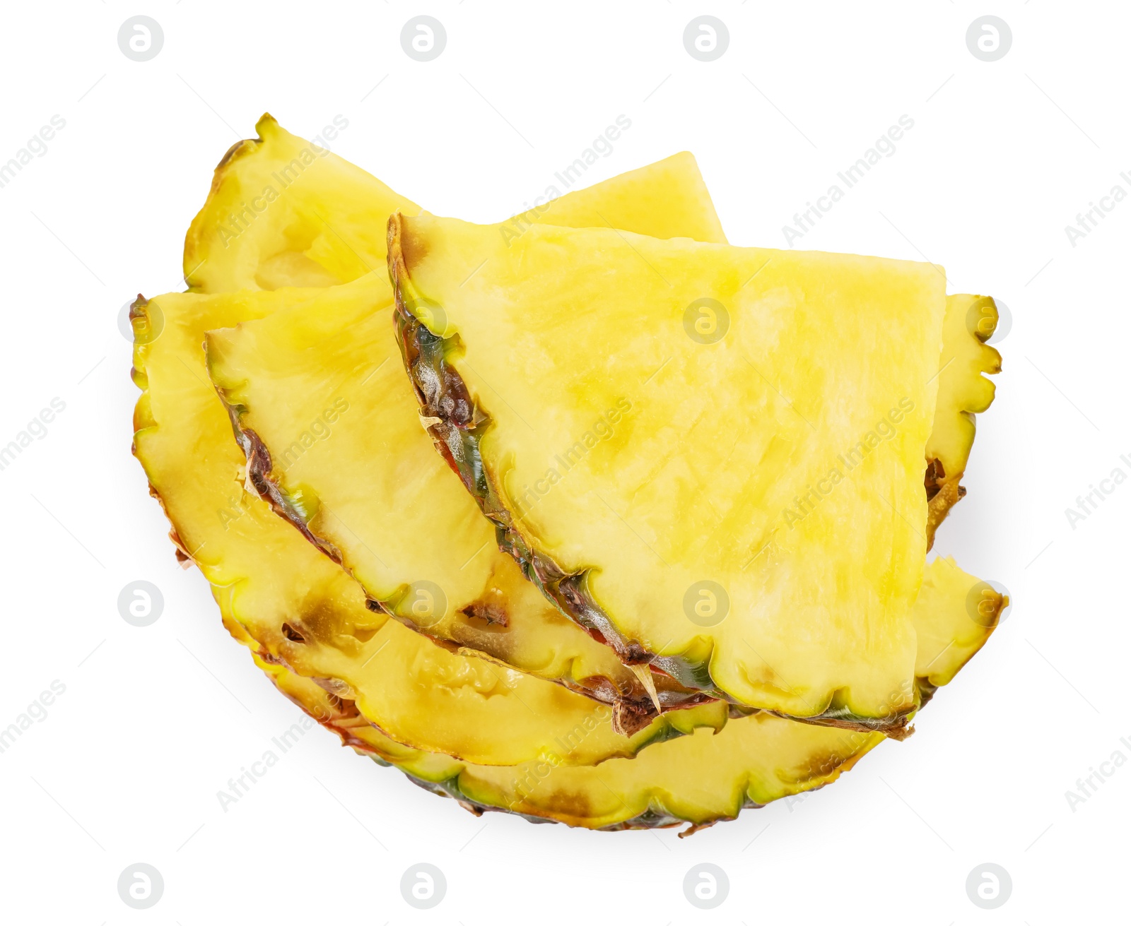 Photo of Slices of tasty ripe pineapple isolated on white, top view