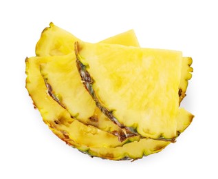 Photo of Slices of tasty ripe pineapple isolated on white, top view