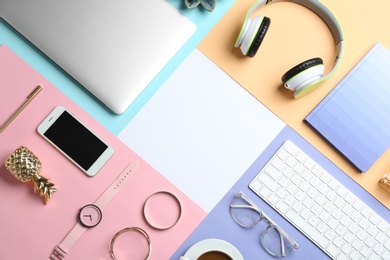 Photo of Flat lay composition with laptop, keyboard, accessories and space for text on color background. Fashion blogger
