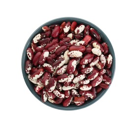 Bowl with dry kidney beans isolated on white, top view