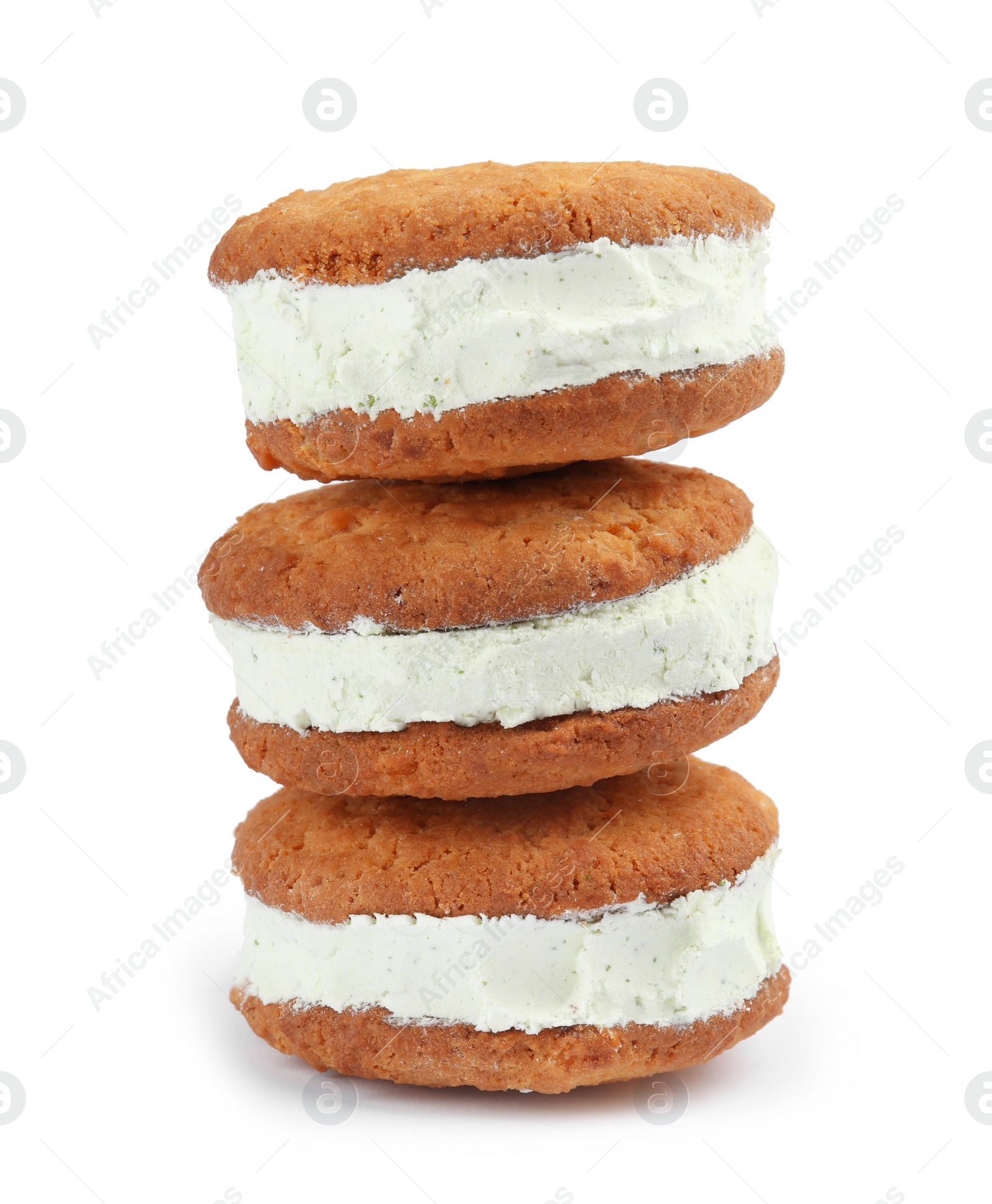 Photo of Sweet delicious ice cream cookie sandwiches on white background