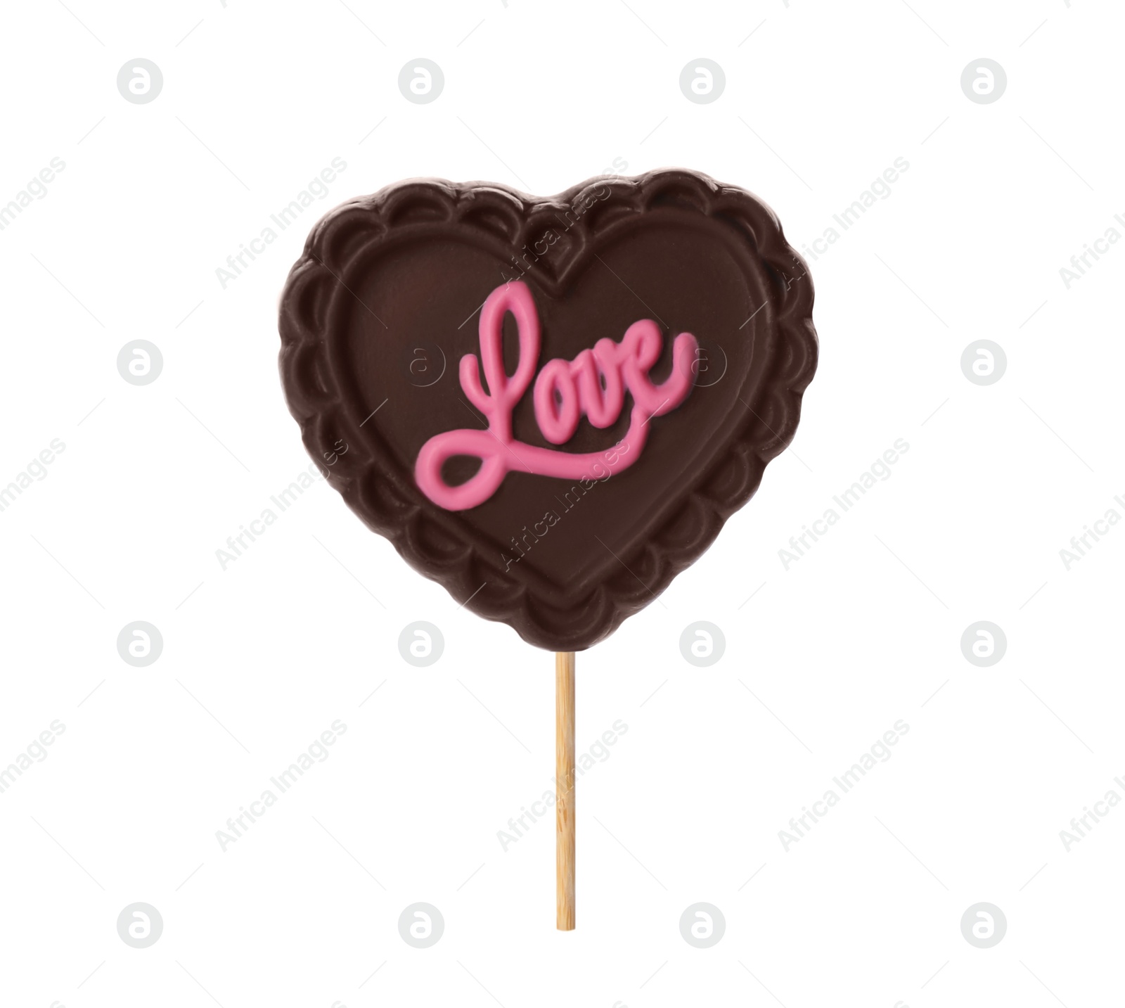 Photo of Heart shaped lollipop made of chocolate isolated on white