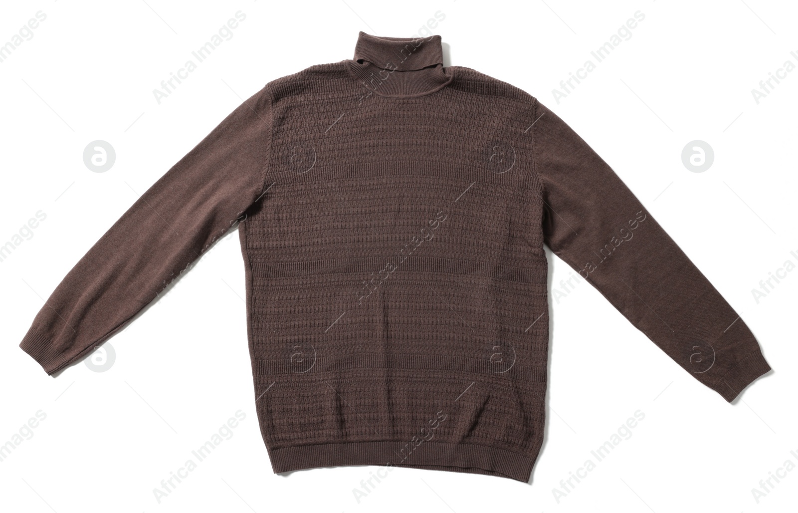 Photo of Stylish brown sweater isolated on white, top view