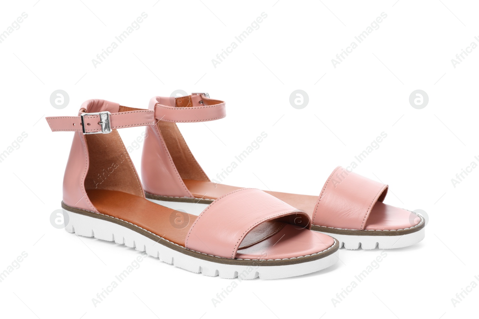 Photo of Pair of trendy women's shoes on white background